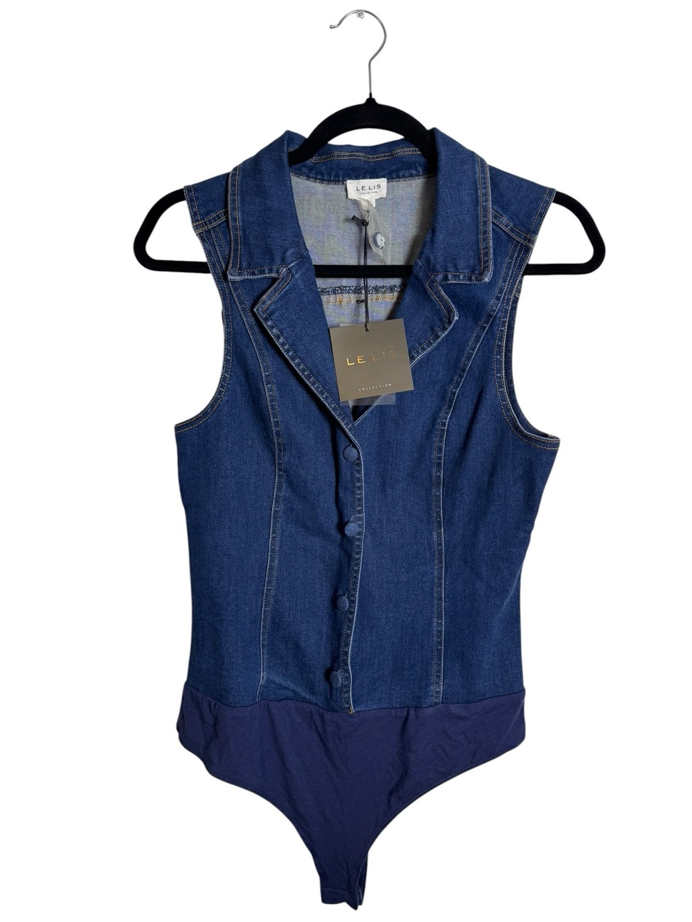 NWT Le Lis Denim Button-Front Sleeveless Bodysuit Vest Collar Medium Wash